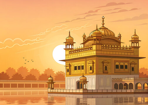 Golden Temple Sunset%3A Isometric vector view of the Harmandir Sahib %28Golden Temple%29 in Amritsar. 
