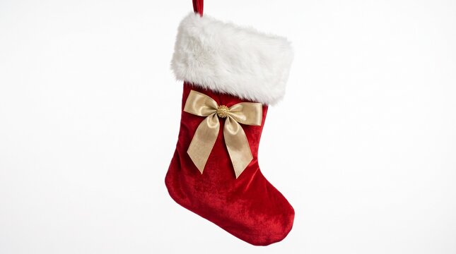 A festive red christmas stocking with a white fur cuff and a gold bow isolated on white background