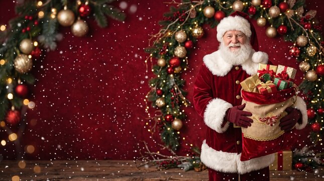 Cheerful santa claus holding a sack of gifts standing in front of a beautiful decorated christmas background