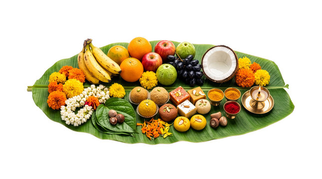 Traditional Hindu puja offering platter on green banana leaf with sweets, fruits, flowers, coconut, kumkum, haldi, and glowing brass diya isolated on transparent background