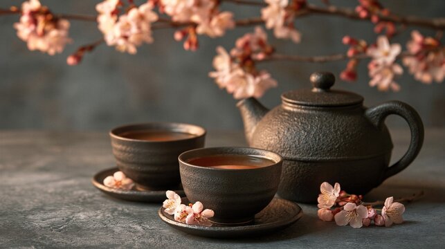 Dark ceramic teapot and two cups of brewed tea on gray stone surface with pink cherry blossom branches in soft warm light