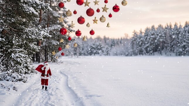 Santa claus walking through a beautiful snowy forest landscape decorated with floating red christmas ornaments and stars