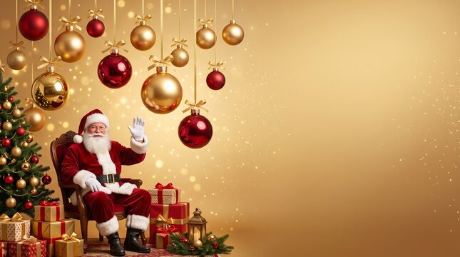 Happy santa claus sitting in a chair with gifts and hanging ornaments for a festive christmas celebration