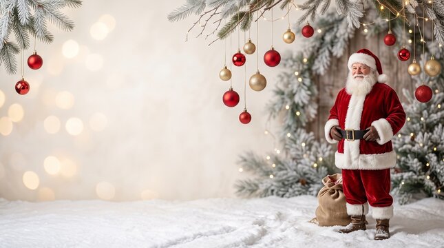 Santa claus standing in a snowy forest with hanging christmas ornaments and space for your text