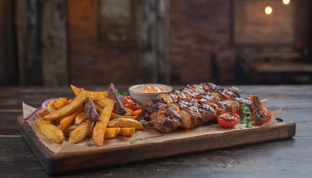 Grilled meat skewers with crispy potato wedges cherry tomatoes and dipping sauce on rustic wooden board warm restaurant lighting