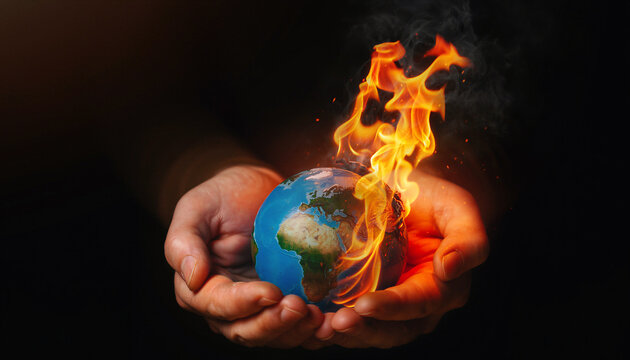 Two cupped hands holding a small blue Earth globe with bright orange fire and dark smoke rising from the right side against a black background