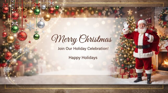Festive christmas background featuring santa claus standing next to a decorated tree with merry christmas text overlay