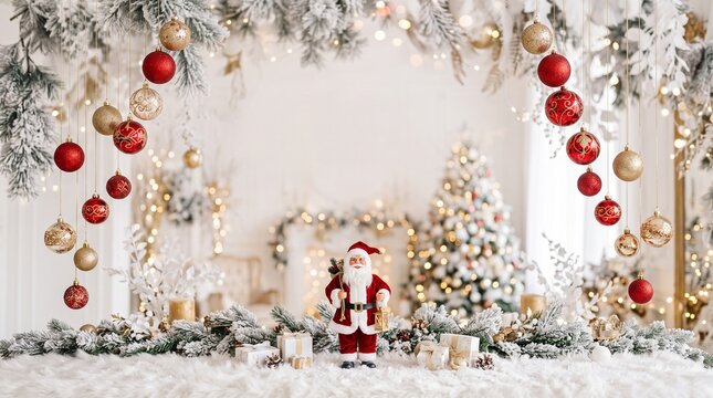 Festive christmas background featuring a santa claus figurine surrounded by red ornaments and a decorated snowy tree