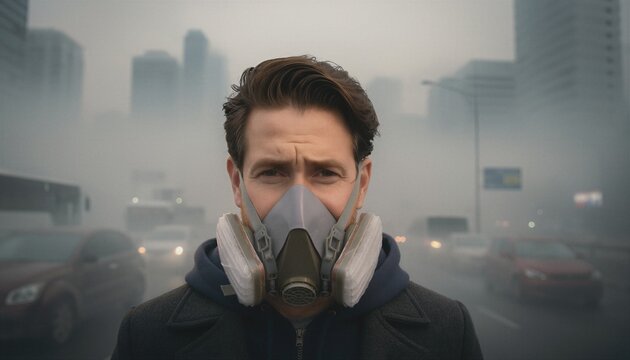 Man wearing industrial respirator mask standing on smoggy urban street with heavy air pollution and blurred city skyline