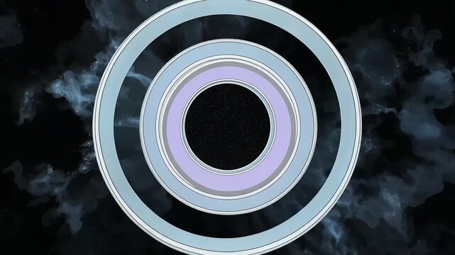 Triple glowing concentric purple rings rotating at different speeds in deep cosmic void.