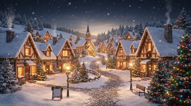 A beautiful cozy village scene during the magical christmas season with glowing lights and heavy falling snow