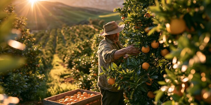 Mature male farmer in straw hat harvesting ripe oranges from lush citrus trees in sunlit orchard at golden hour with wooden crate