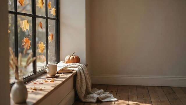 Cozy autumn reading nook with blank book and mug - Ideal for book club promotions, cozy lifestyle blogs, or seasonal home decor ads.