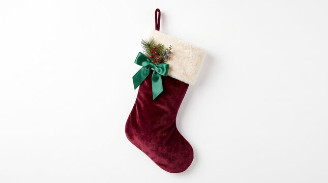 A festive red velvet christmas stocking with a green bow ready for holiday gifts and cheer