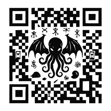 Cthulhu monster and occult symbols QR code design. Eldritch horror and fantasy vector graphic.
