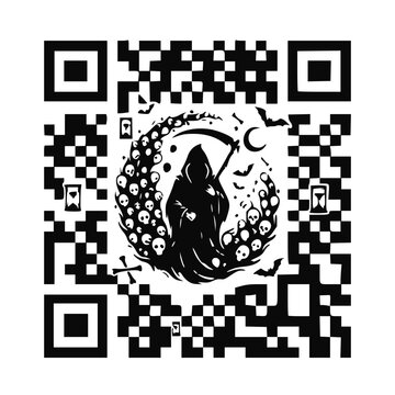 Grim Reaper QR code design with scythe and crescent moon made of skulls. Halloween spooky vector graphic.
