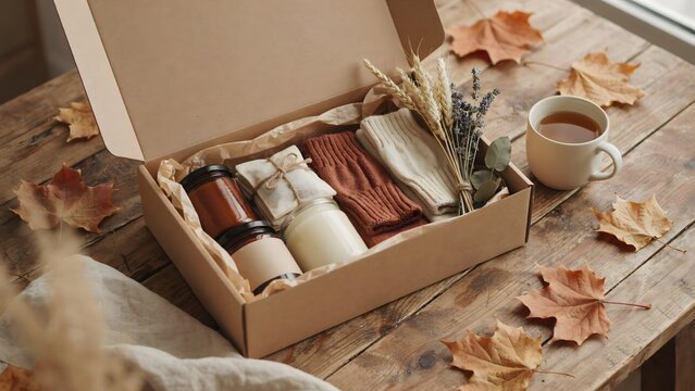 Unboxing fall subscription package on wooden table - Ideal for e commerce packaging mockups, autumn gift box ads, or delivery service marketing.