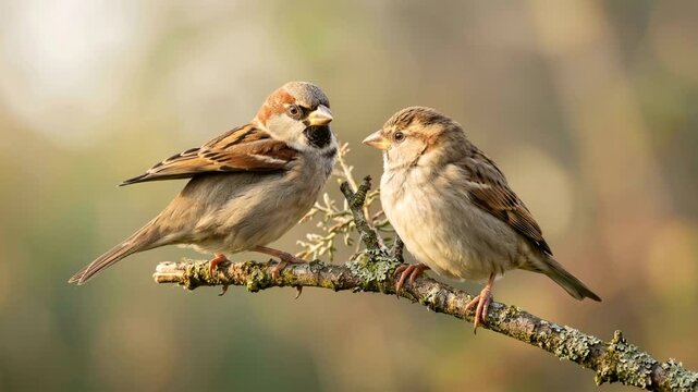 two house sparrows close up at morning light in london england urban garden video