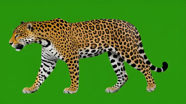 Leopard walking in motion on green screen background with cinematic movement and copy space