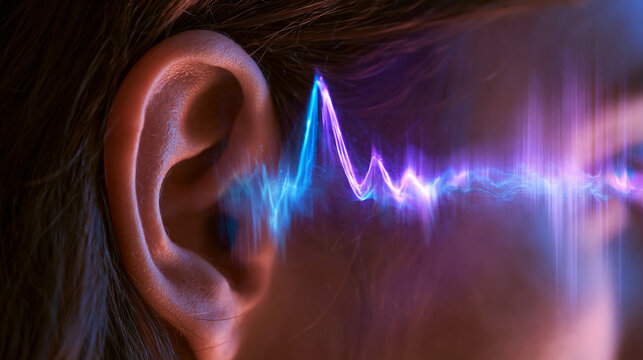 Highly realistic conceptual medical technology photograph, extreme close up of a human ear as the dominant central focal poin
