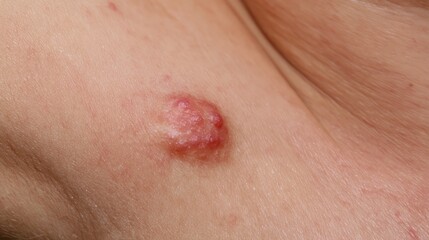 Fototapeta premium Red inflamed skin lesion closeup. Medical dermatology: raised pink nodule on the skin