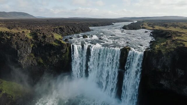 Majestic waterfall cascades down rugged cliffs in a sweeping aerial drone shot during daylight