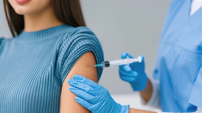 A patient is receiving an injection in her upper left arm. A syringe with a needle inserted into deltoid muscle. The act of vaccination