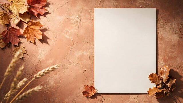 Blank poster mockup framed by fall foliage - Ideal for seasonal advertising templates, autumn event announcements, or wall art mockups.