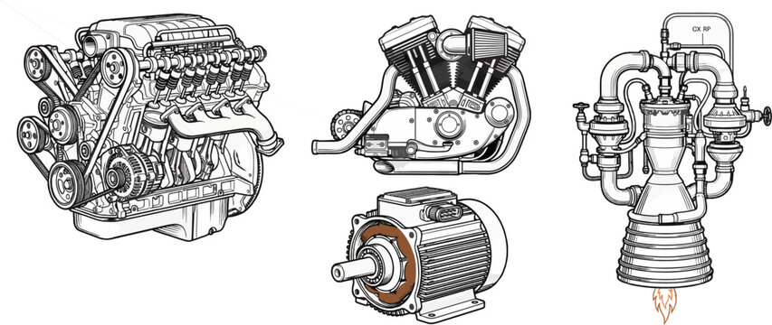 Editable CAD Vector Illustration of Various Engine Types