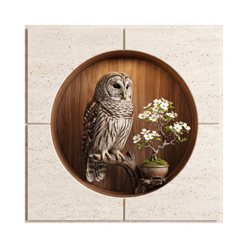 A beautiful owl sitting on a branch next to a small white flower plant inside a wooden circle frame isolated on transparent background