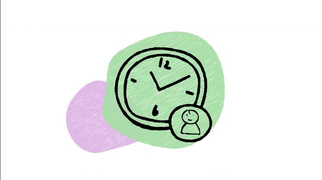 An animated hand drawn clock with a small user profile silhouette at the corner. Perfect for time tracking, employee attendance, schedule timing, and routine.