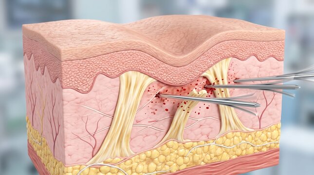 3D Medical Cross Section Illustration of Subcision Needle Procedure for Atrophic Acne Scar