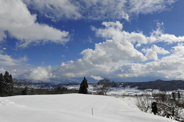 Fototapeta premium 長野県飯綱の雄大な雪原と青空に浮かぶ白い雲