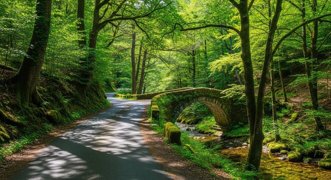 A narrow asphalt road winds through a lush green forest, crossing an old stone bridge over a small stream amidst tall trees and shadows, road, rural, scenery