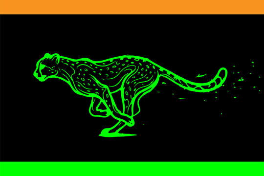Neon green glowing illustration of a running cheetah sprinting at full speed against a black background with orange and green border stripes.