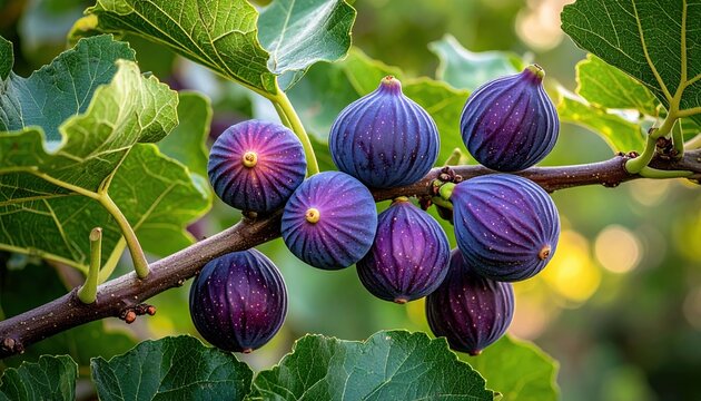 Fig tree branch carrying several ripe purple figs surrounded by large green leaves