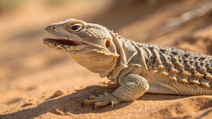 Fototapeta premium Desert iguana basking on sunlit sand in arid habitat close-up
