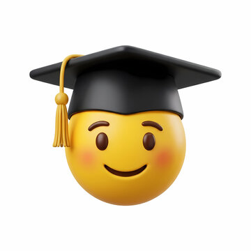A cheerful yellow emoji face character wearing a black academic graduation cap with a gold tassel representing success in scholarly academic achievements and the completion of higher education