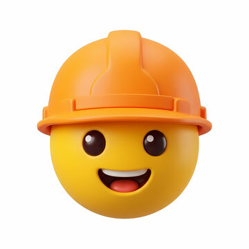 A cheerful yellow smiley face wearing an orange hard hat representative of workplace safety and industrial construction professionals ready to perform their essential duties on a building