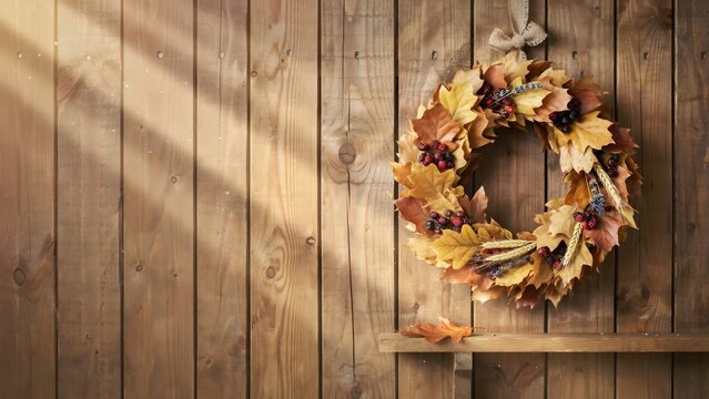 Fall wreath on weathered wood with copy space - Ideal for autumn sale banners, seasonal greeting backgrounds, or rustic home decor ads.