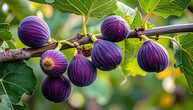 Fig tree branch carrying several ripe purple figs surrounded by large green leaves