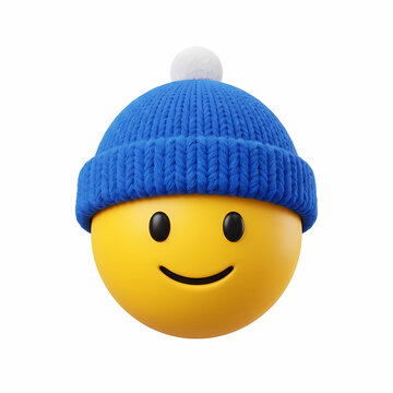 A round yellow sphere character showing a happy facial expression while wearing a soft blue knitted winter cap with a white pompom topper for celebrating the joyful holiday season and cold