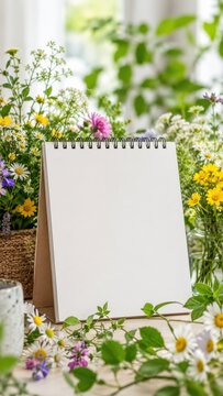 Blank desk calendar surrounded by spring flowers