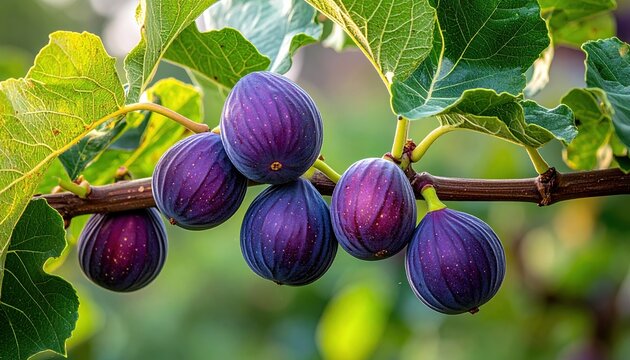 Fig tree branch carrying several ripe purple figs surrounded by large green leaves