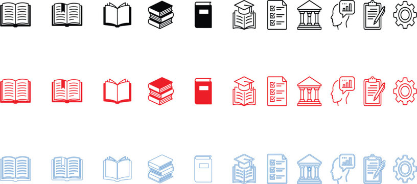 Set of education and library icons featuring books and reading materials in black red and blue colors