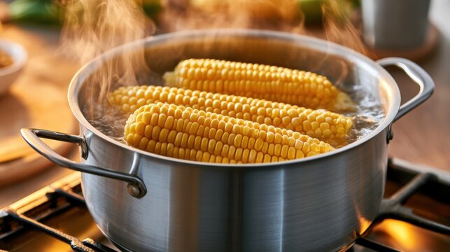 Steam rises from boiling corn in a metal pot
