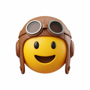 A jolly yellow sphere character wearing a vintage brown leather aviation cap and protective goggles represents an adventurous pilot embarking on a journey through the skies above the clouds today