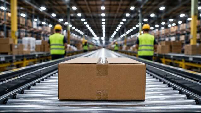 Cardboard Package On Automated Warehouse Conveyor