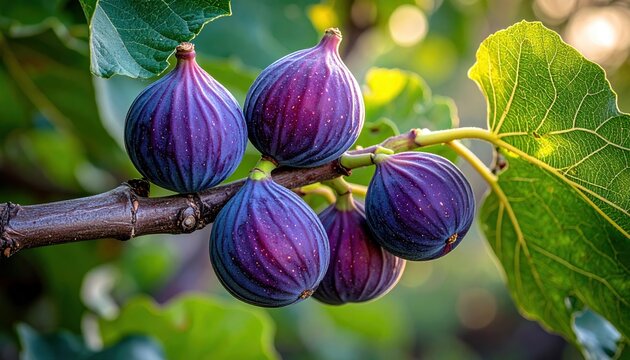 Fig tree branch carrying several ripe purple figs surrounded by large green leaves
