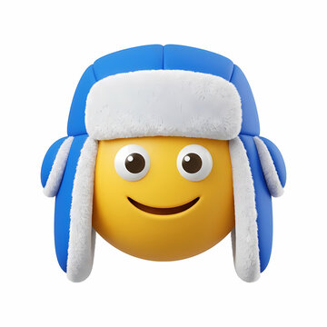A cheerful yellow character wearing a warm blue winter hat with furry earflaps to stay comfortable during cold weather conditions while maintaining a friendly expression for festive holiday